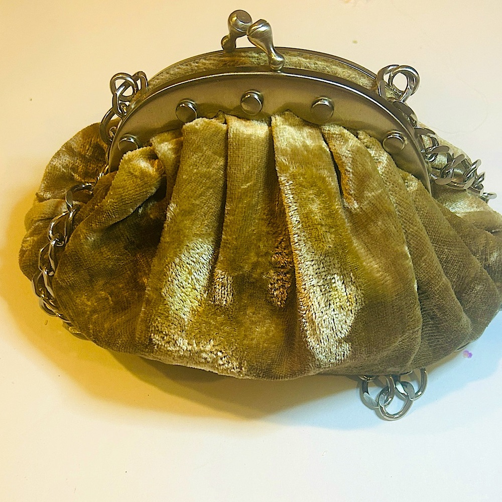 Neiman Marcus Tan Velvet Small Shoulder  Silver Chain Bag